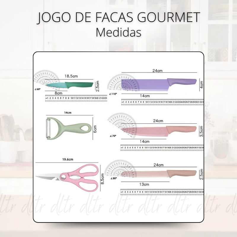 Kit com 6 Peças Coloridas - 4 Facas 01 Tesoura - 1 Descascador - Aço Inoxidável