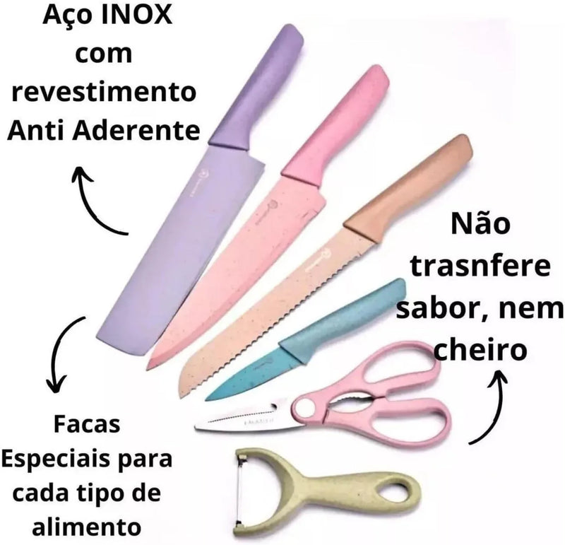 Kit com 6 Peças Coloridas - 4 Facas 01 Tesoura - 1 Descascador - Aço Inoxidável